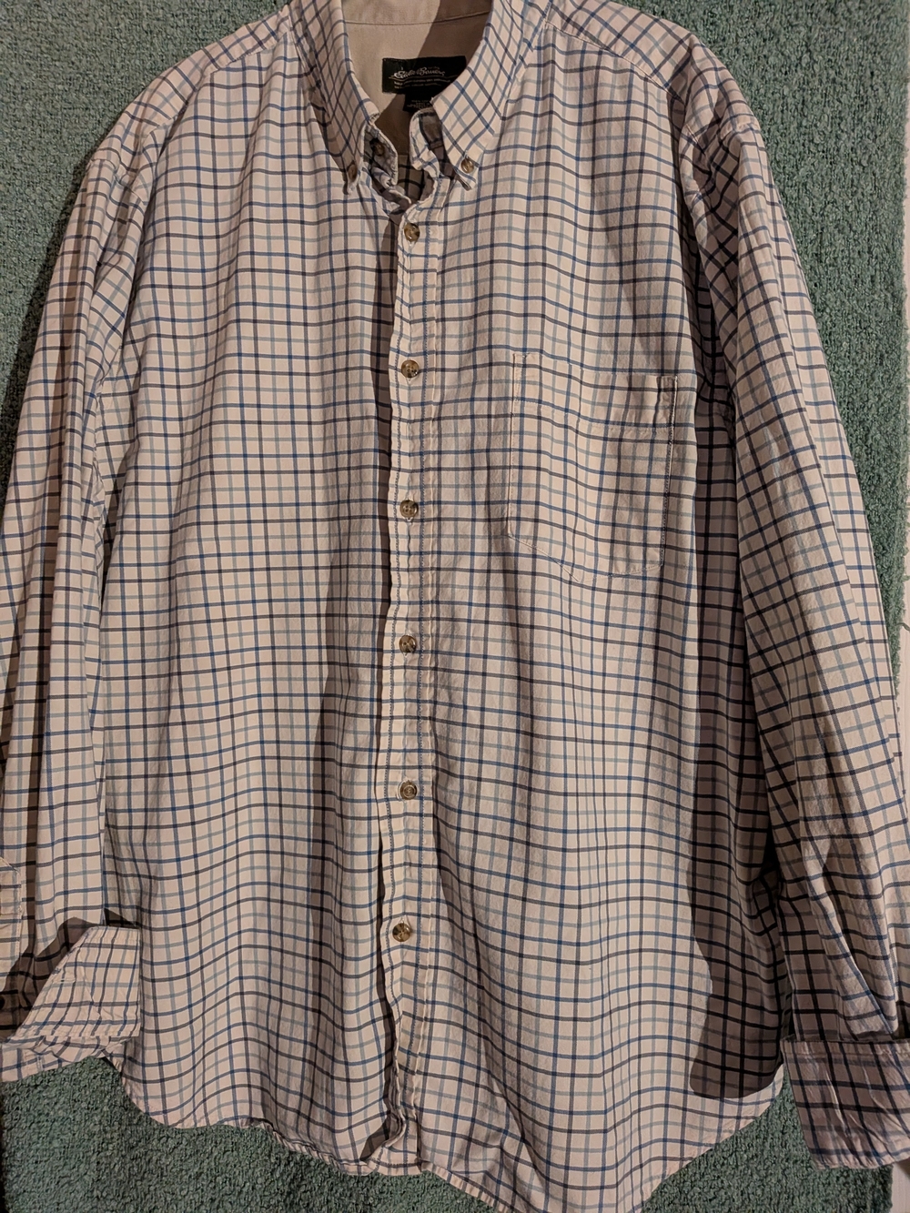 Eddie Bauer Beige and Blue Plaid Button-Down Shirt